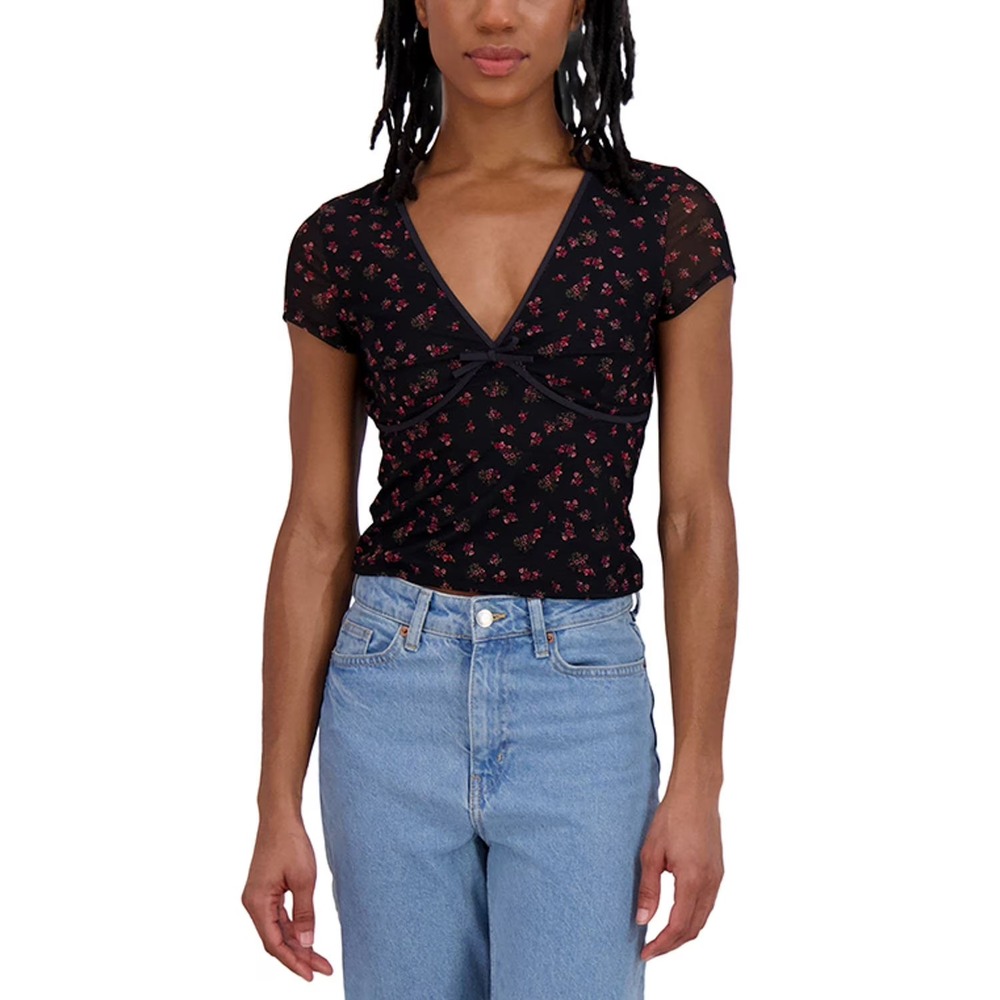 Aeropostale Womens Mesh V-Neck Crop Top Black Floral Size L NWT
